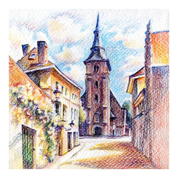 Old Bruges street witn church, Belgio — Foto Stock