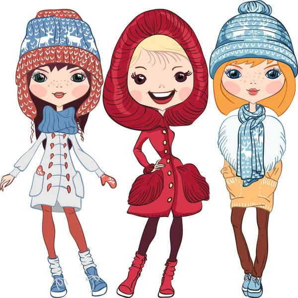 Vector fashion girls in winter — Stock Vector