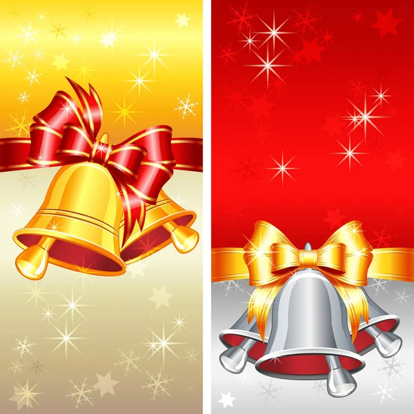 Tarjeta de felicitación vectorial con campanas de Navidad, arco y copos de nieve — Vector de stock