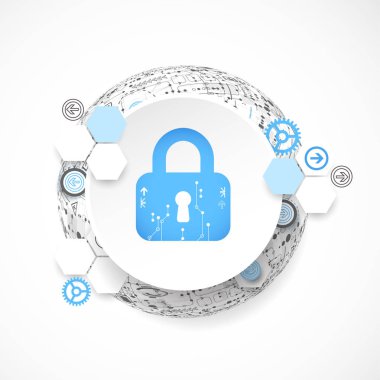 Koruma kavramı. Güvenlik mekanizması, sistem gizlilik. Dijital teknoloji arka plan. Vektör