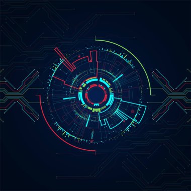 Soyut daire teknoloji kavramı. Devre kartı, yüksek bilgisayar renk arka plan. Vektör çizim
