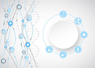 Bilim şablonu, duvar kağıdı ya da DNA moleküllü pankart. Vektör illüstrasyonu.