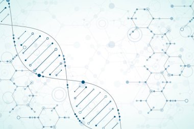 Bilim şablonu, duvar kağıdı ya da DNA moleküllü pankart. Vektör illüstrasyonu.