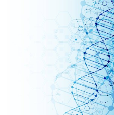 Bilim şablonu, duvar kağıdı ya da DNA moleküllü pankart. Vektör illüstrasyonu.