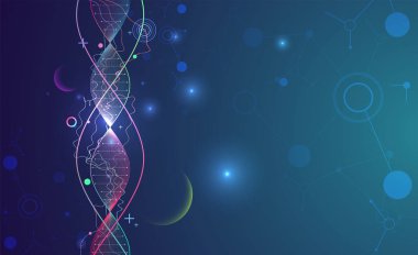 Bilim şablonu, duvar kağıdı ya da DNA moleküllü pankart. Vektör illüstrasyonu.