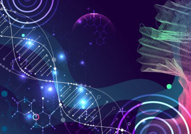 Bilim şablonu, duvar kağıdı ya da DNA moleküllü pankart. Vektör illüstrasyonu.