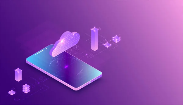 Isometric mobile phone. IQ data flow processing concept, cloud database. Abstract technology background. Vector illustration