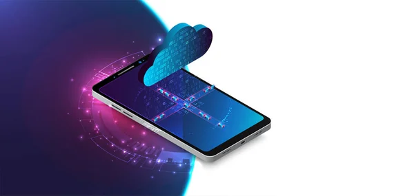 Izometrikus mobiltelefon. � � ig adatkezelési koncepció, felhő — Stock Vector