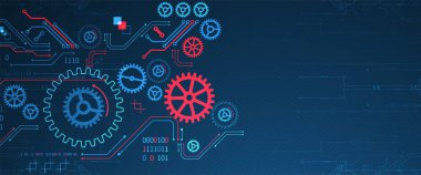 Soyut teknoloji konsepti. Çeşitli dişli çarkları olan bir arka plan. Vektör illüstrasyonu.