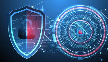 Bilgi koruma konusunun soyut teknolojik geçmişi. İçinde dijital kod olan asma kilit bulunan çeşitli teknolojik elementler..