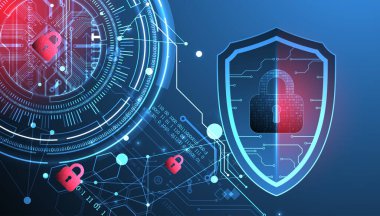 Bilgi koruma konusunun soyut teknolojik geçmişi. İçinde dijital kod olan asma kilit bulunan çeşitli teknolojik elementler..