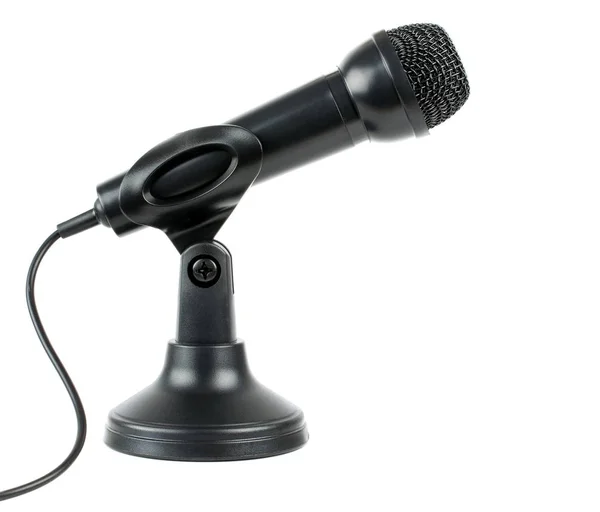 Black Microphone Low Angle Stand White Background Copy Space Your — Stock Photo, Image