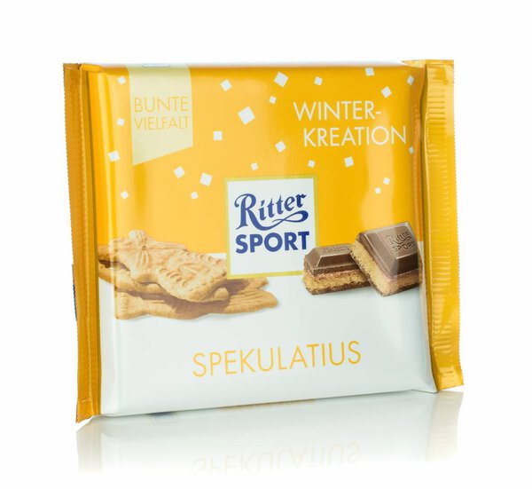 NIEDERSACHSEN, GERMANY, DECEMBER 14, 2018: A bar of Ritter Sport Spekulatius flavoured chocolate on a white background