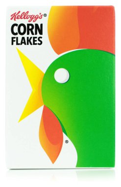 Niedersachsen, Almanya 6 Temmuz 2019: Kellogg's Corn Flakes kahvaltılık gevrek beyaz arka plan üzerinde tek bir hizmet mini kutu
