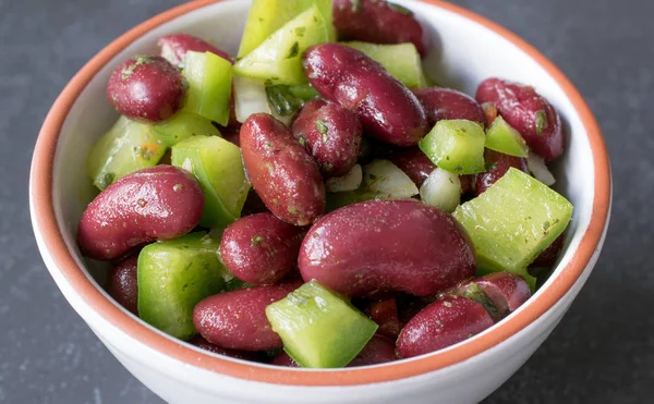 Close Fresh Kidney Bean Green Pepper Salad Small White Bowl — Stock Photo, Image