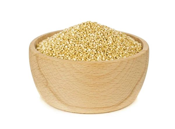 Beyaz Bir Arka Plan Üzerinde Izole Quinoa Ahşap Bir Kase — Stok fotoğraf