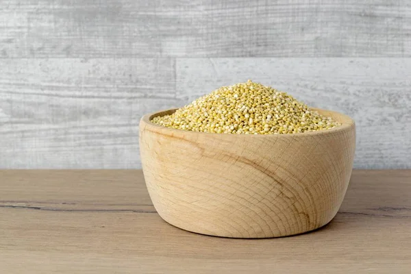 Wooden Bowl Quinoa Seeds Copy Space Your Text — Stock Photo, Image