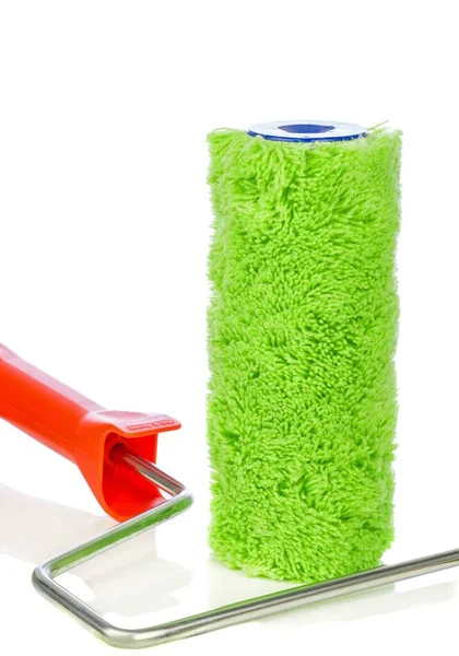 Green Fluffy Paint Roller Handle White Background Copy Space Your — Stock Photo, Image
