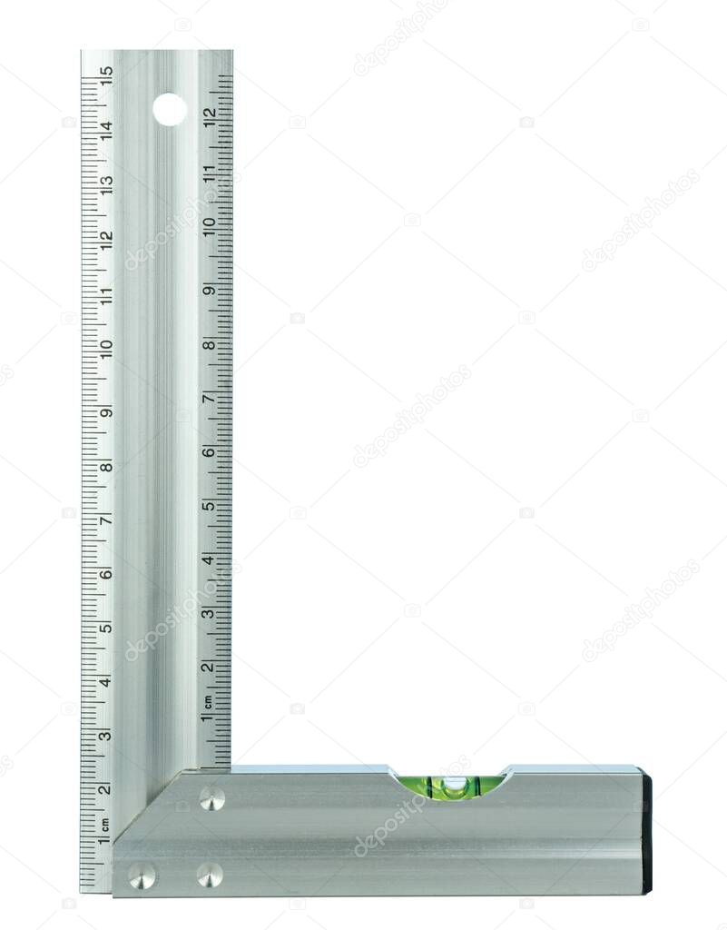 An aluminum right angled set square tool with metric measurements and a built in spirit level on a white background