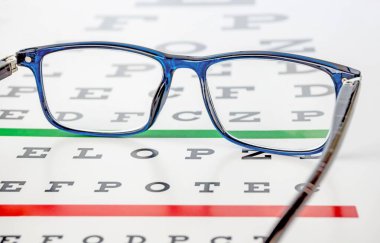 Göz testi çizelgesinde duran bir çift gözlüğün yakın çekimi.