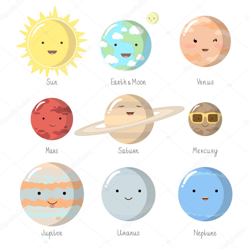 Solar System Planets. Characters Vector Set Icons. ute flat illustration of smiling Sun, Mercury, Venus, Earth, Moon, Mars, Jupiter, Saturn, Uranus, Neptune on white  background. Picture for kids