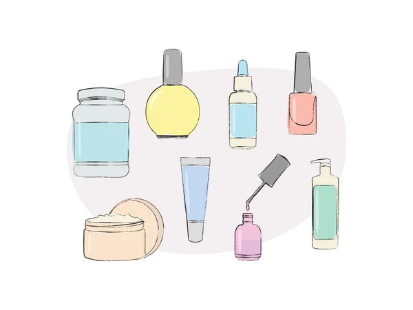 Conjunto Cosméticos Aislados Ilustración Vectorial Estilo Boceto — Vector de stock