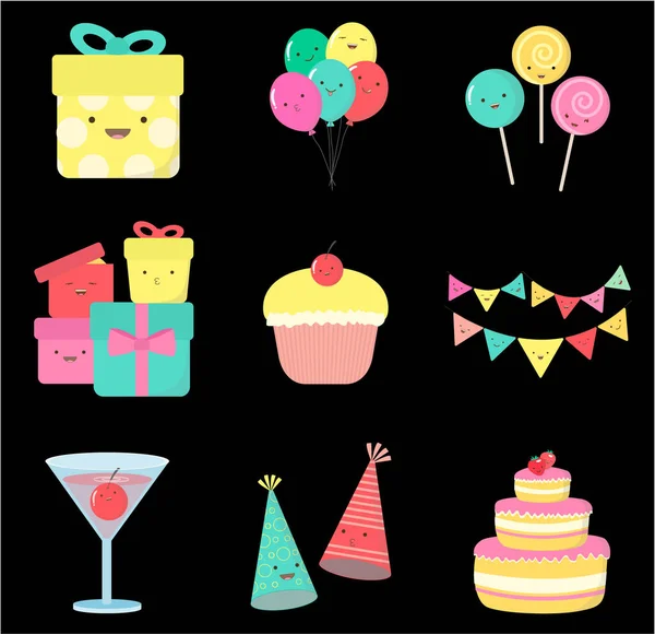 Party Celebration Icon Set Gifts Balloons Lollipops Pie Flags Drink — Stock Vector