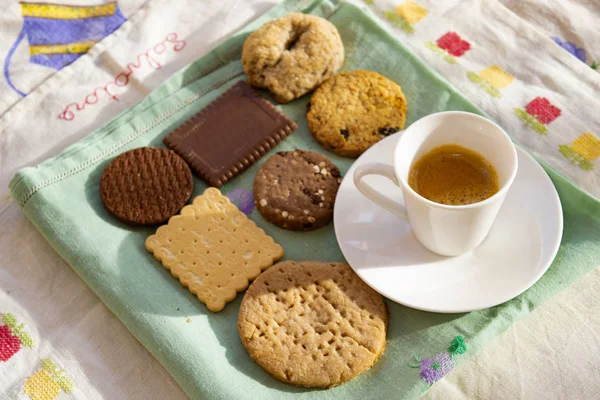 Кава Еспресо Різні Види Печива Сніданок Італії — стокове фото