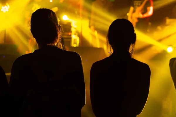 Cheering crowd at a party concert. Silhouettes of audience people at live concert stage show. Happy fan cheer musician band, nightlife entertainment event concept.