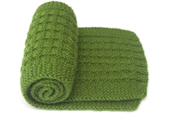 Pletené Ruce Šátek Tmavě Zelenou Barvou Bílém Pozadí — Stock fotografie
