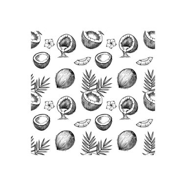 Siyah beyaz çizim tarzında kusursuz el yapımı hindistan cevizi deseni ambalaj, tekstil, duvar kağıtları ve tropikal tasarımlar için mükemmel..