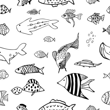 Şirin karikatür balıklarıyla oynak, siyah-beyaz karalama deseni, tekstil, duvar kağıtları, ambalaj ve yaratıcı tasarım için mükemmel..
