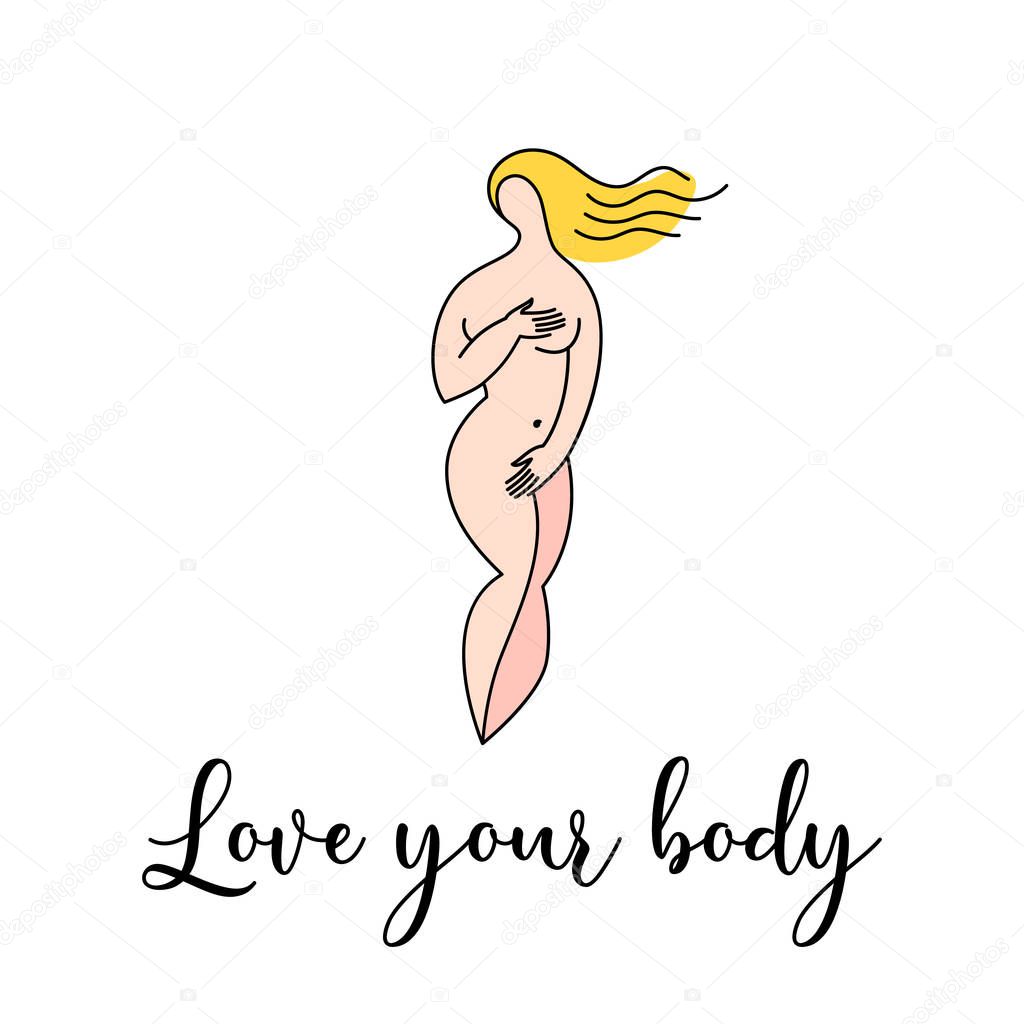 Love your body. Logo design template. Silhouette of beautiful nude woman illustration.