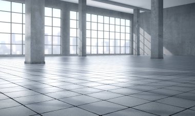 Büyük panoramik pencerelere sahip boş modern parlak iç. 3D render