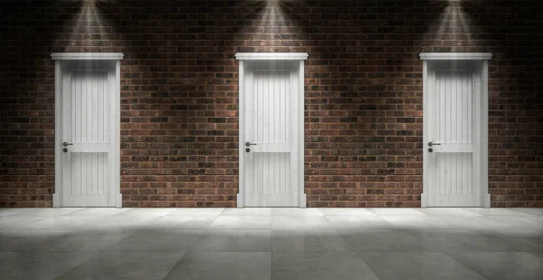 Brick Wall Three Closed Doors Rendering — Stock Photo, Image