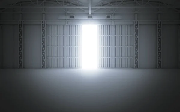 Parlak Işık Açık Hangar Kapıları Render — Stok fotoğraf