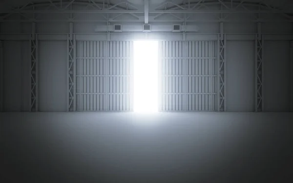 Bright Light Coming Open Hangar Doors Rendering — Stock Photo, Image