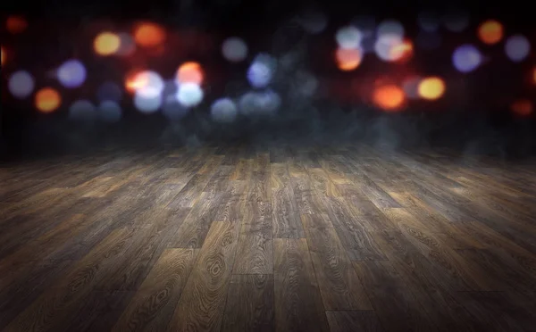 Houten Vloer Met Abstracte Wazig Lights Achtergrond Rendering — Stockfoto