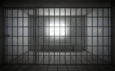 Hapishane hücresine çubuklu bir pencereden parlayan ışık. 3D render