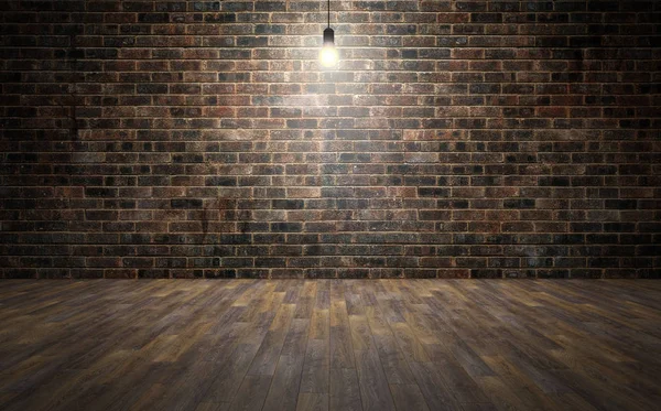 Prázdné Cihlová Zeď Místnosti Dřevěnými Prkny Podlahy Žárovka Vykreslování — Stock fotografie
