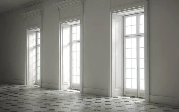 Empty bright room with huge windows. 3d rendering