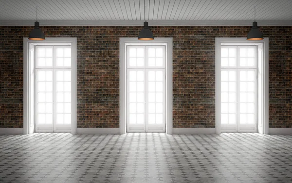 Bright Empty Room Brick Wall Huge Windows Rendering — Stock Photo, Image