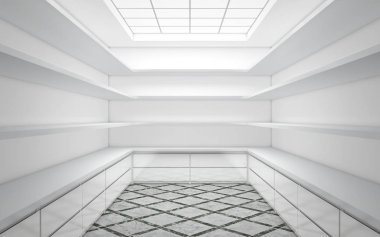 Büyük parlak gardırop odası boş rafları ile. 3D render 