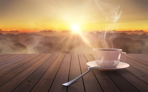 Nahaufnahme Kaffeetasse Auf Holztisch Bei Sonnenuntergang — Stockfoto