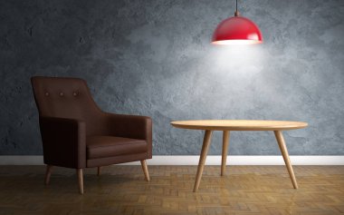 Deri koltuk, tavan lamba ve yan tablo ile iç. 3D render