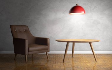 Deri koltuk, tavan lamba ve yan tablo ile iç. 3D render