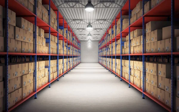 Rows Shelves Goods Boxes Modern Industry Warehouse Rendering — Stock Photo, Image