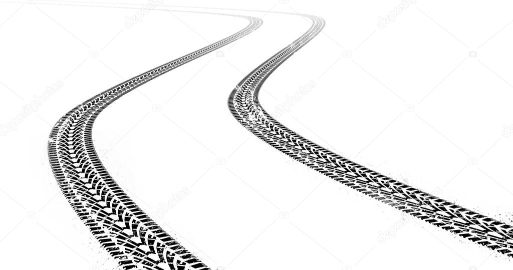 Dirty grunge tire tracks on white background