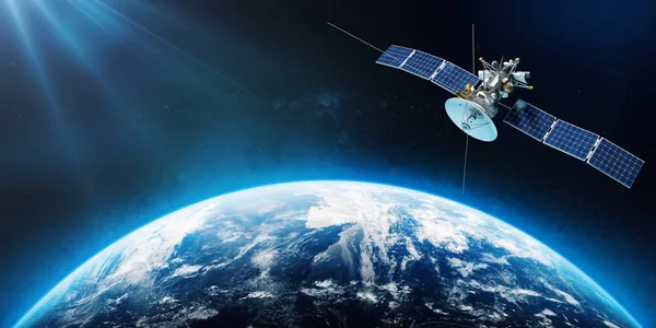 Weltraumsatellit im Orbit der Erde. 3D-Darstellung — Stockfoto