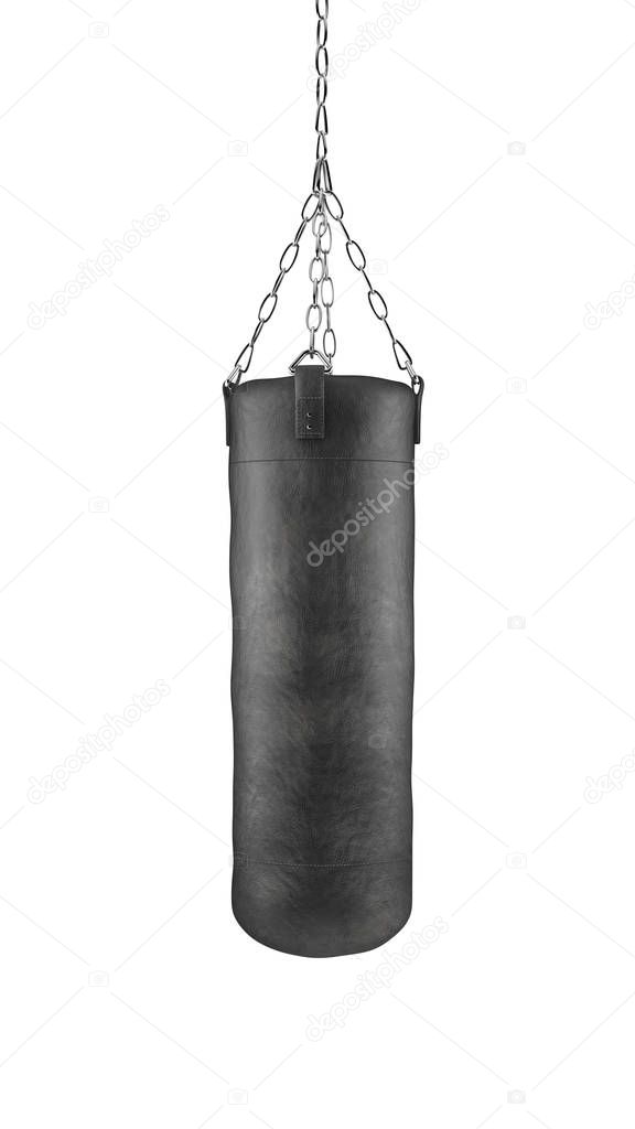Black boxing bag on chains isolated on white background with cli
